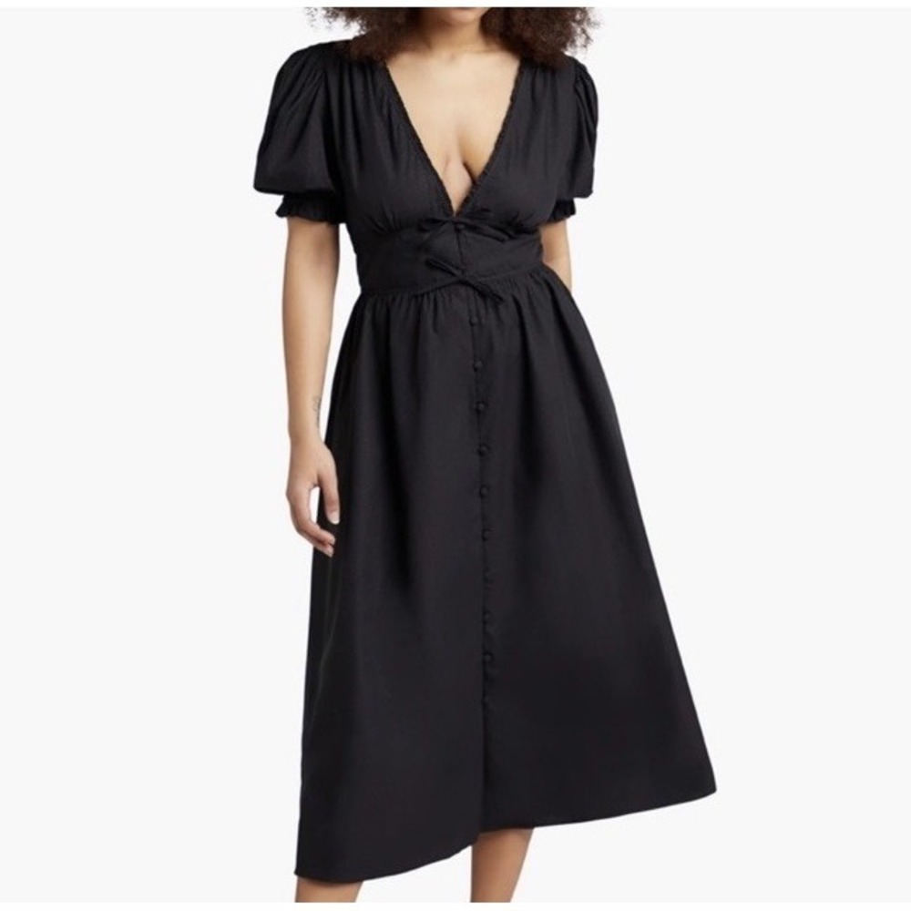 Hill House Sabrina Nap Midi Dress Boho Black Dot Size S/M Milkmaid Gothic